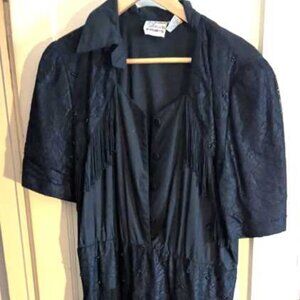VINTAGE Western Swing Fringe Lace A-Line Dress Tillman 80s Sz M Black Rockabilly